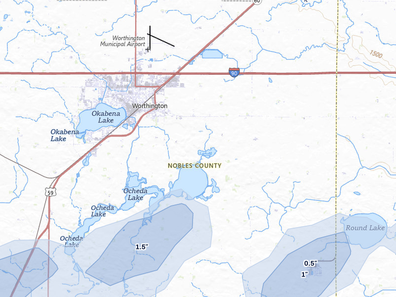 NEXRAD radar-signature map of the hail storm over Worthington, MN on Jun 27, 2026