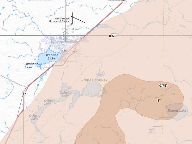 Radar-estimated hail-size map of the storm over Worthington, MN on Jun 29, 2026