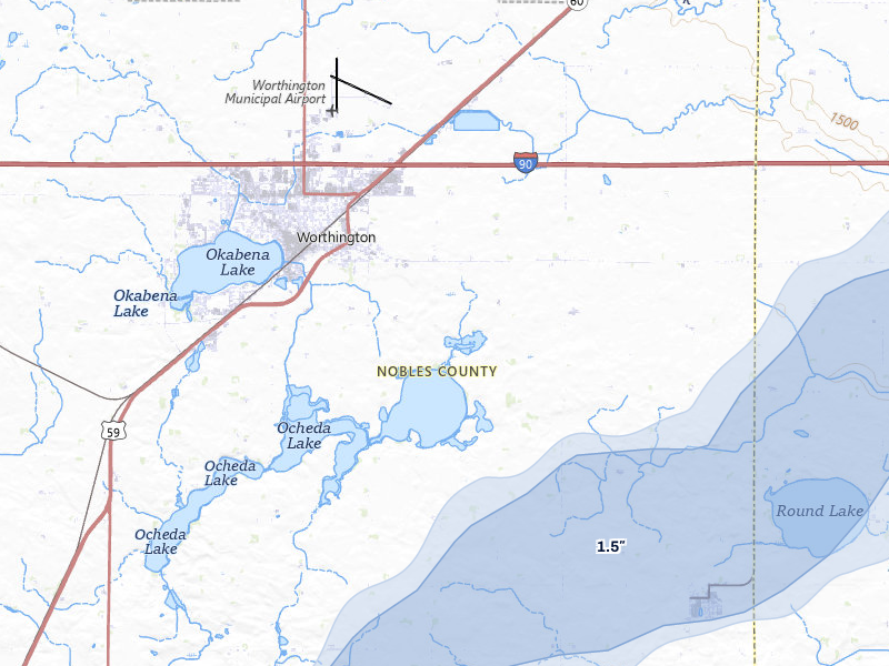 NEXRAD radar-signature map of the hail storm over Worthington, MN on Jun 29, 2026