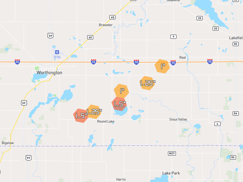 Hail map of Worthington, MN on Jun 30, 2026, hail up to 1.5"