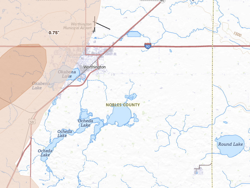 Radar-estimated hail-size map of the storm over Worthington, MN on Jul 1, 2026
