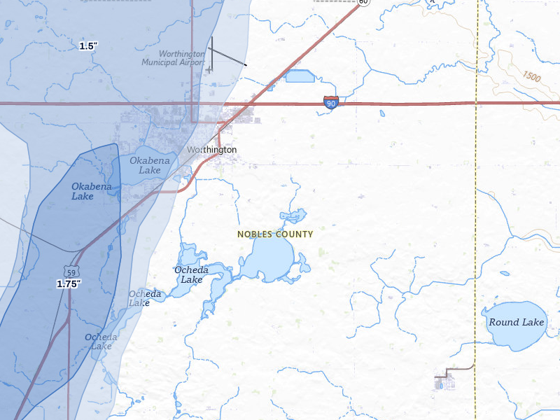 NEXRAD radar-signature map of the hail storm over Worthington, MN on Jul 1, 2026