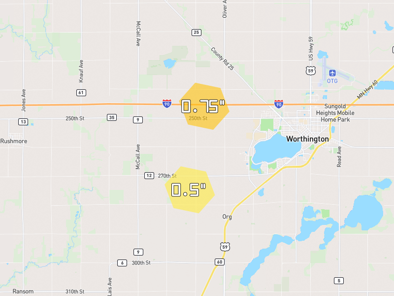 Hail map of Worthington, MN on Jul 1, 2026, hail up to 0.75"