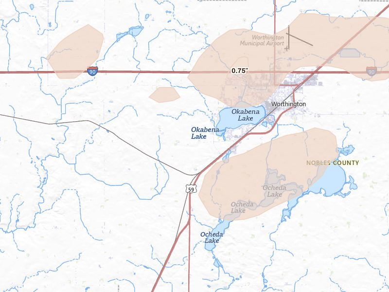 Radar-estimated hail-size map of the storm over Worthington, MN on Aug 3, 2026
