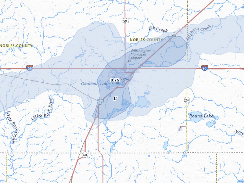 NEXRAD radar-signature map of the hail storm over Worthington, MN on Aug 3, 2026