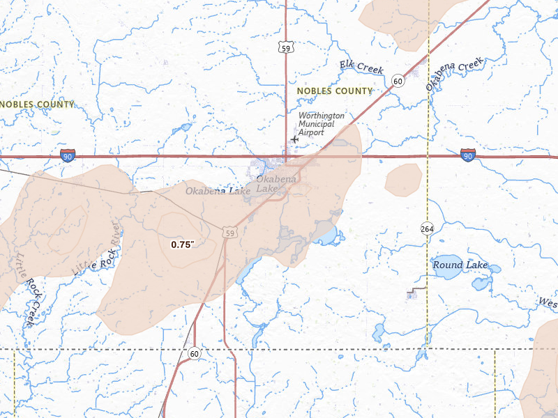 Radar-estimated hail-size map of the storm over Worthington, MN on Sep 1, 2026