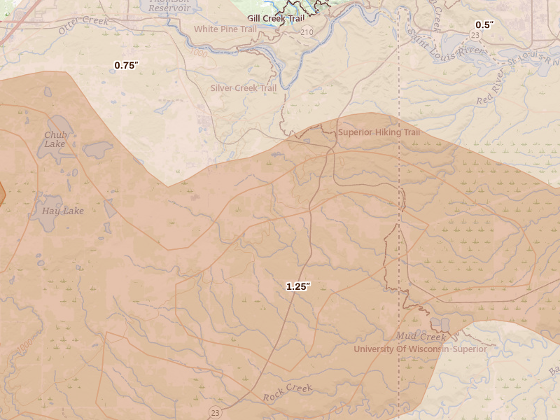 Radar-estimated hail-size map of the storm over Wrenshall, MN on Jun 29, 2026