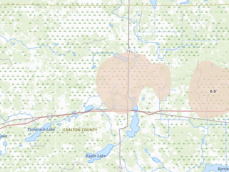 Radar-estimated hail-size map of the storm over Wright, MN on Aug 25, 2026