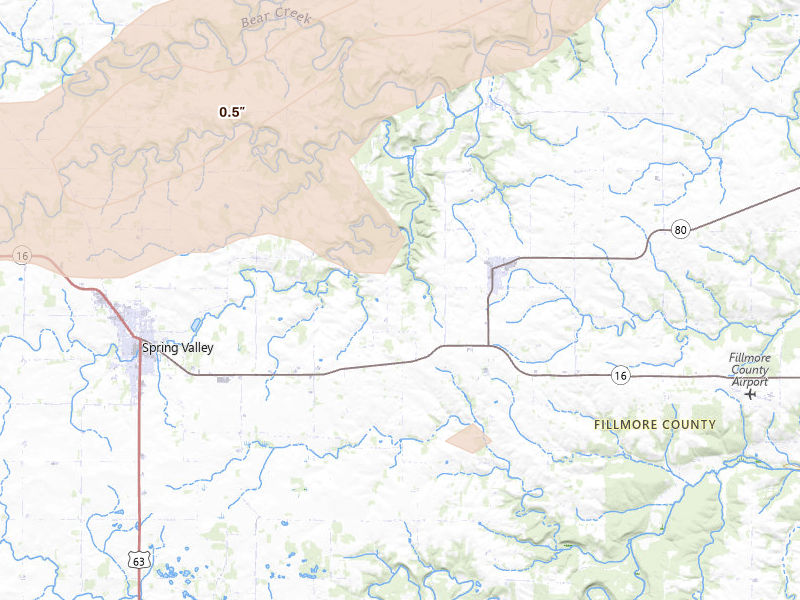 Radar-estimated hail-size map of the storm over Wykoff, MN on Jul 1, 2026