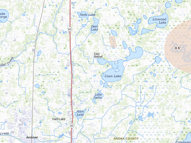 Radar-estimated hail-size map of the storm over Wyoming, MN on Jun 10, 2026