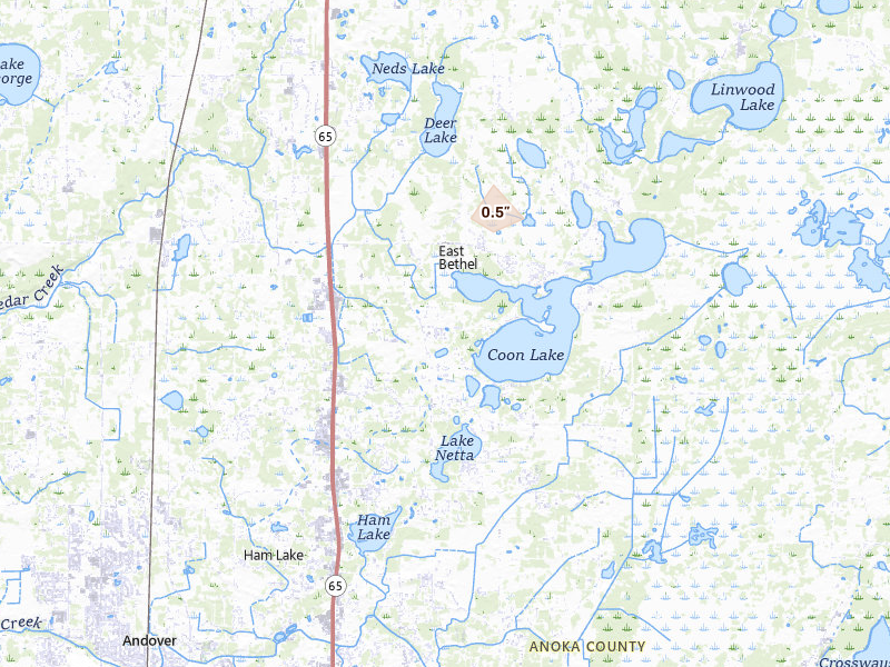 Radar-estimated hail-size map of the storm over Wyoming, MN on Jun 19, 2026