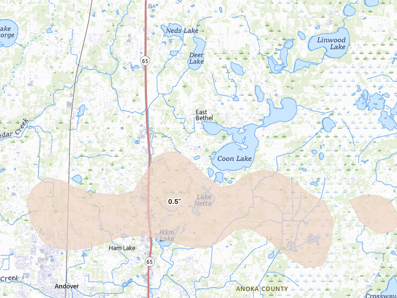 Radar-estimated hail-size map of the storm over Wyoming, MN on Aug 8, 2026