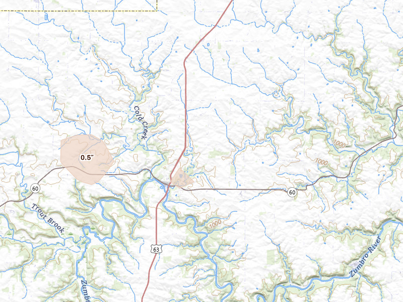 Radar-estimated hail-size map of the storm over Zumbro Falls, MN on Aug 8, 2026