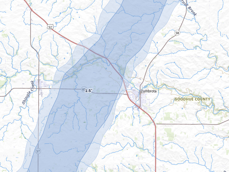 NEXRAD radar-signature map of the hail over Zumbrota, MN