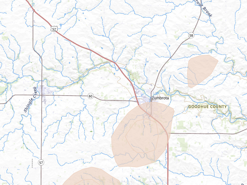 Radar-estimated hail-size map of the storm over Zumbrota, MN on Jun 29, 2026