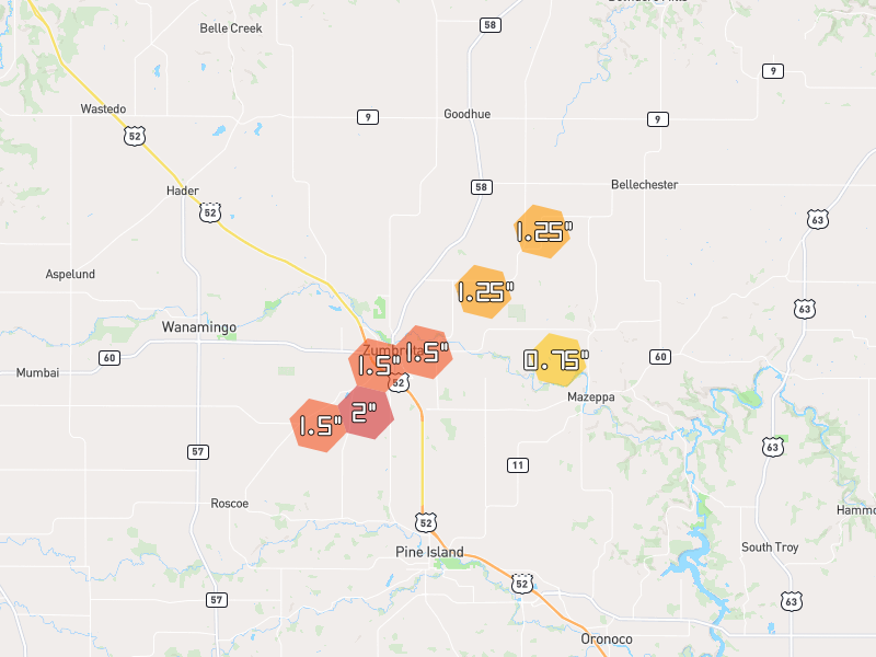 Hail map of Zumbrota, MN on Jun 30, 2026, hail up to 2"