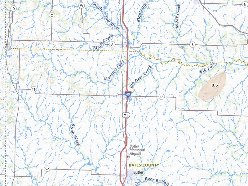 Radar-estimated hail-size map of the storm over Adrian, MO on Mar 31, 2026