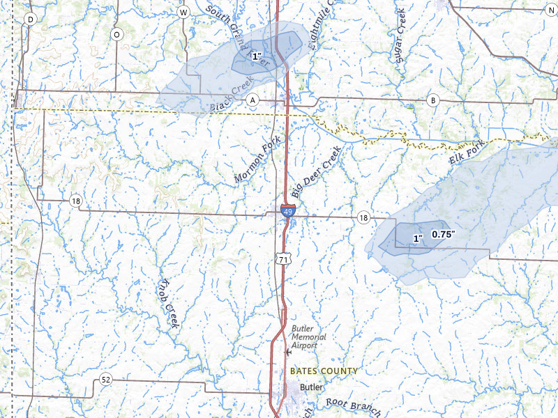 NEXRAD radar-signature map of the hail over Adrian, MO