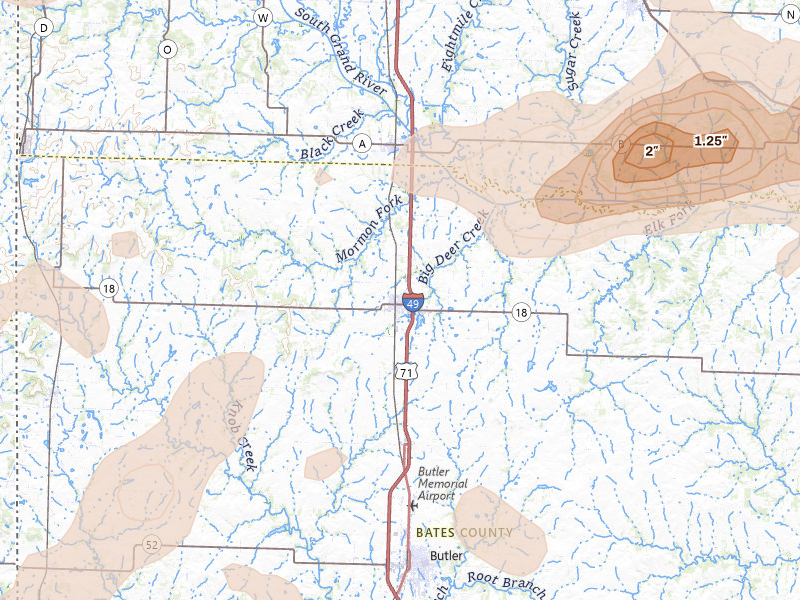 Radar-estimated hail-size map of the storm over Adrian, MO on Apr 26, 2026