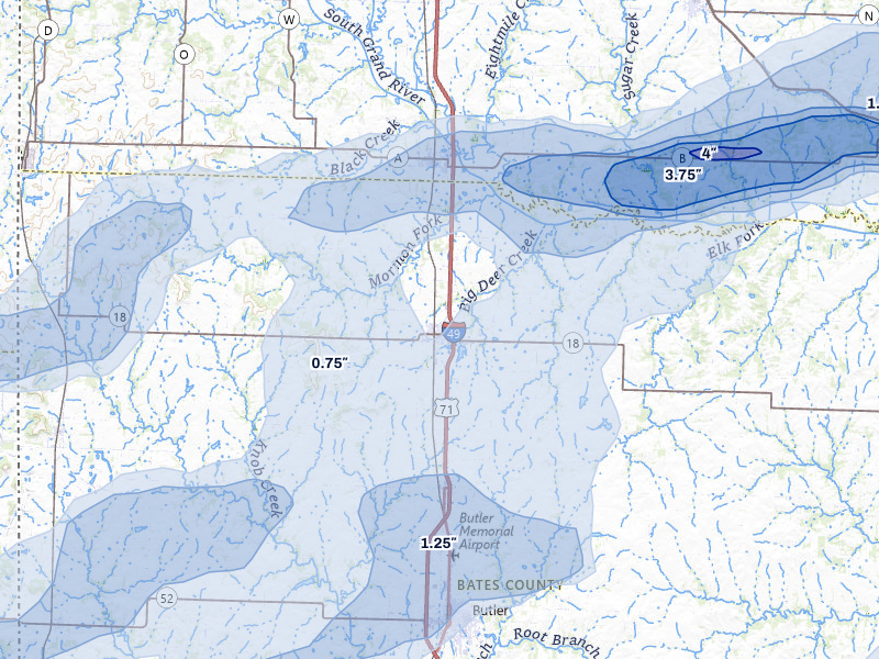 NEXRAD radar-signature map of the hail over Adrian, MO