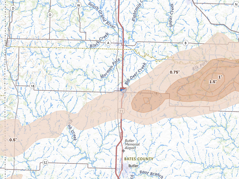 Radar-estimated hail-size map of the storm over Adrian, MO on Apr 27, 2026
