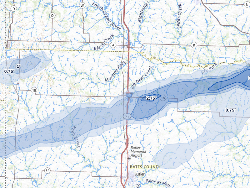 NEXRAD radar-signature map of the hail over Adrian, MO