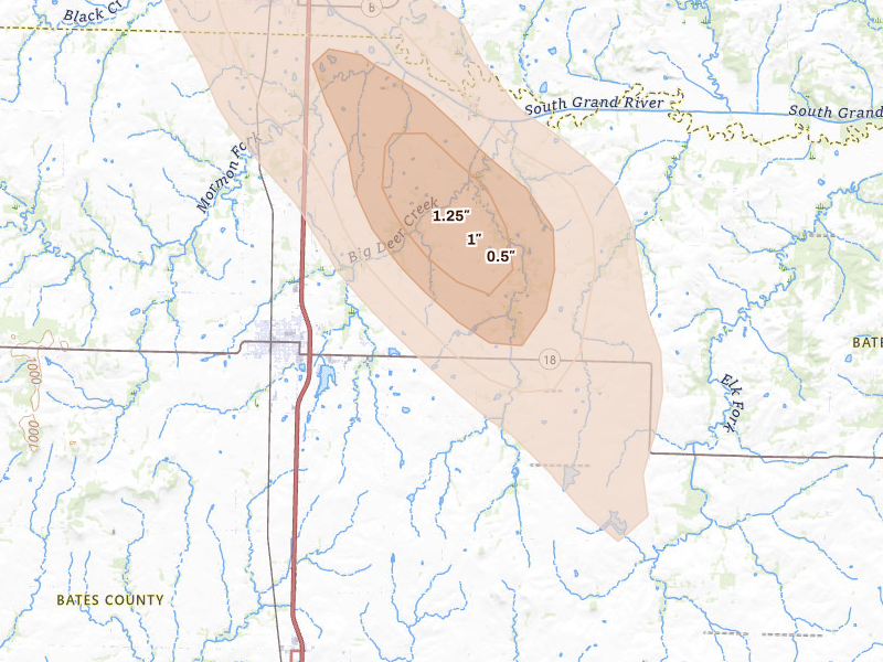 Radar-estimated hail-size map of the storm over Adrian, MO on Aug 21, 2026