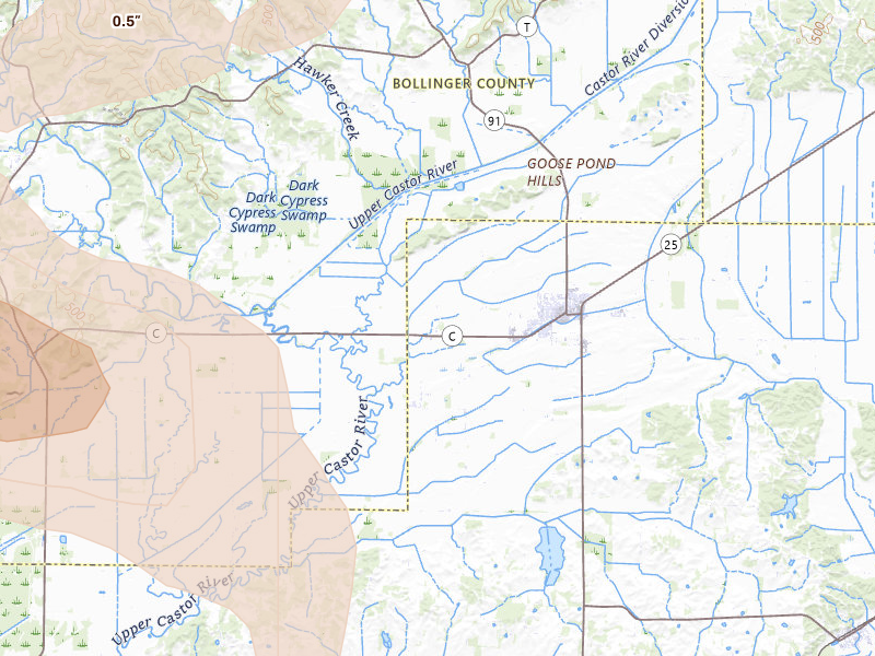 Radar-estimated hail-size map of the storm over Advance, MO on Jul 9, 2026