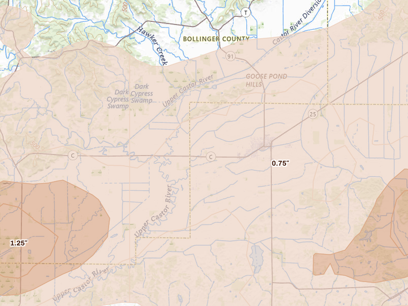 Radar-estimated hail-size map of the storm over Advance, MO on Aug 19, 2026