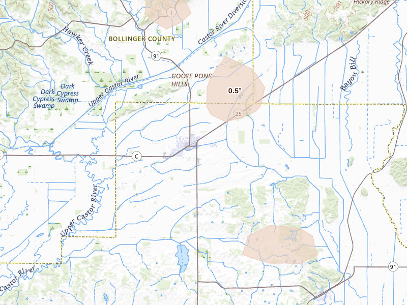 Radar-estimated hail-size map of the storm over Advance, MO on Aug 26, 2026