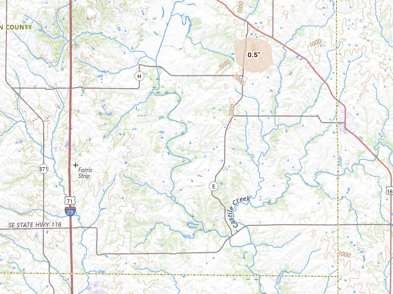 Radar-estimated hail-size map of the storm over Agency, MO on Mar 5, 2026