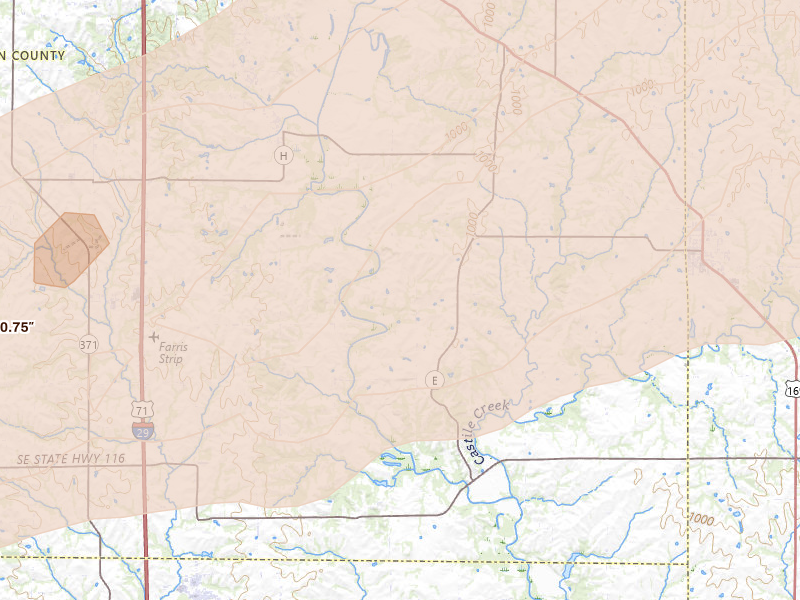 Radar-estimated hail-size map of the storm over Agency, MO on Apr 17, 2026
