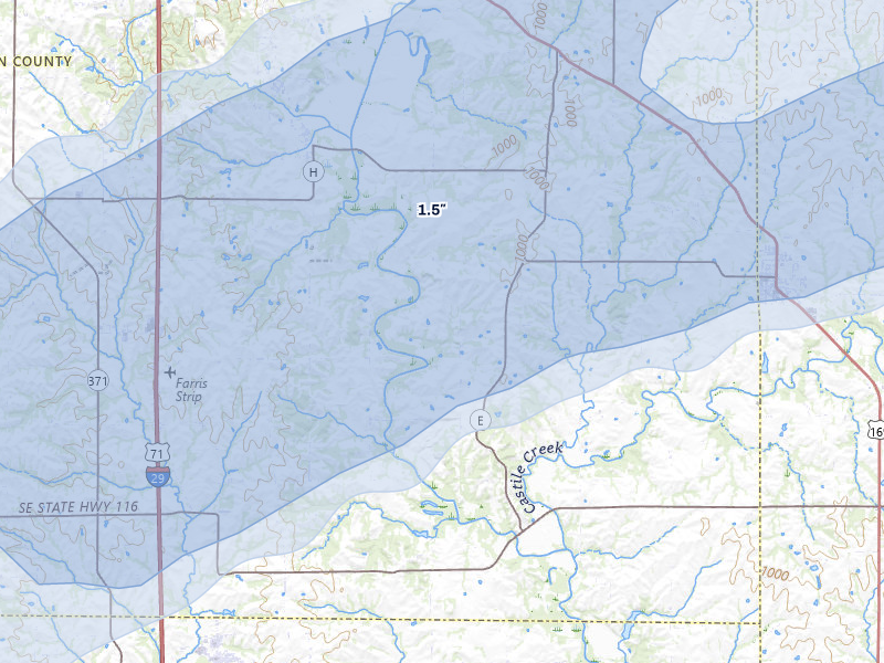 NEXRAD radar-signature map of the hail over Agency, MO