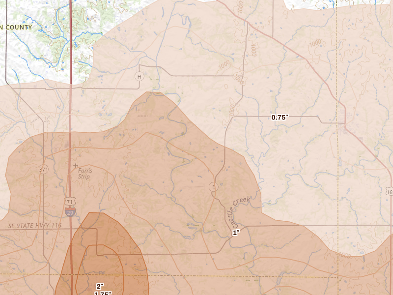 Radar-estimated hail-size map of the storm over Agency, MO on Apr 26, 2026