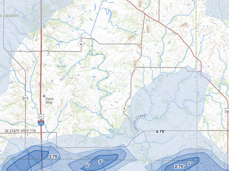 NEXRAD radar-signature map of the hail over Agency, MO
