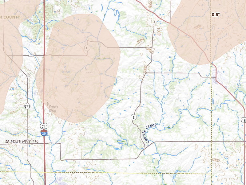 Radar-estimated hail-size map of the storm over Agency, MO on Jul 3, 2026