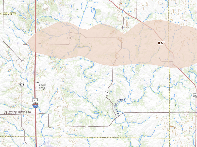 Radar-estimated hail-size map of the storm over Agency, MO on Aug 16, 2026