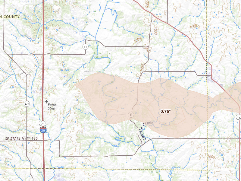 Radar-estimated hail-size map of the storm over Agency, MO on Aug 19, 2026