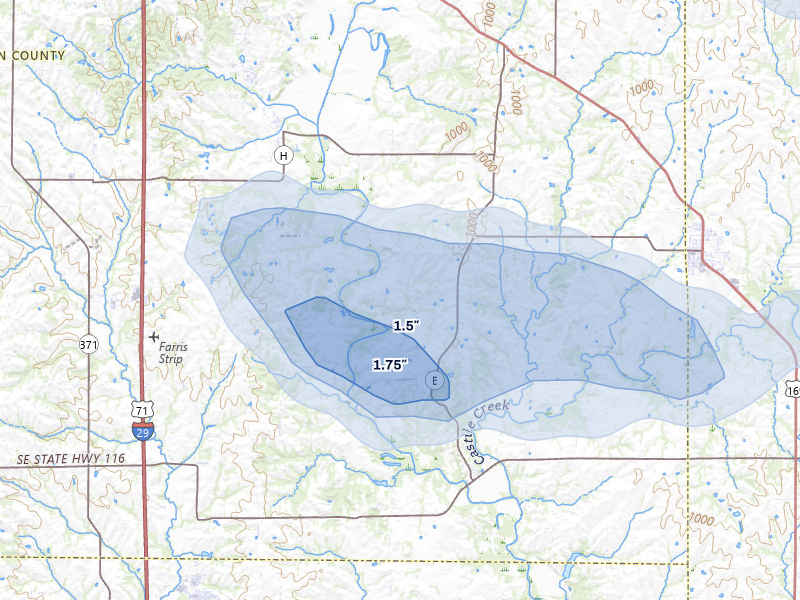 NEXRAD radar-signature map of the hail storm over Agency, MO on Aug 19, 2026