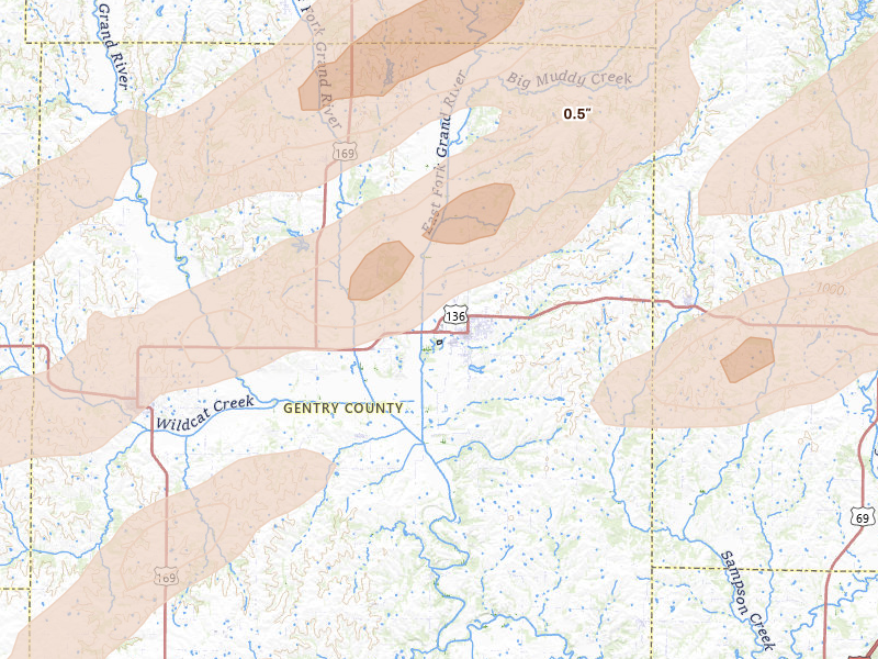 Radar-estimated hail-size map of the storm over Albany, MO on Apr 17, 2026