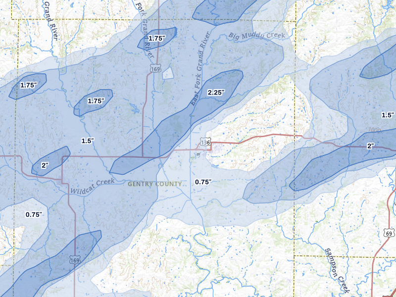 NEXRAD radar-signature map of the hail over Albany, MO