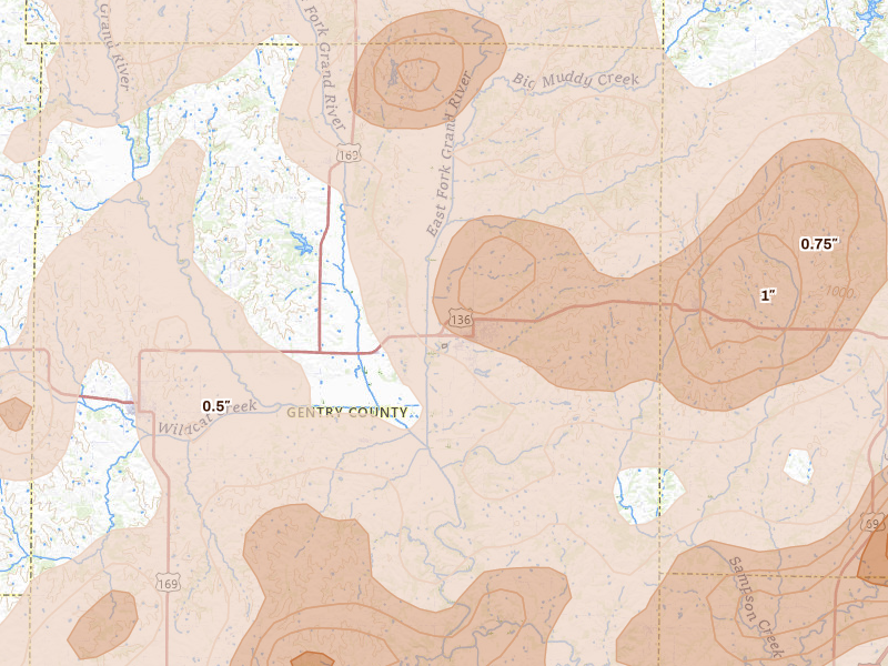Radar-estimated hail-size map of the storm over Albany, MO on May 16, 2026