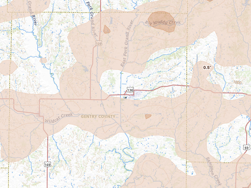Radar-estimated hail-size map of the storm over Albany, MO on Jun 10, 2026