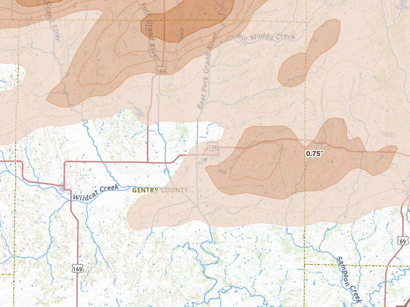 Radar-estimated hail-size map of the storm over Albany, MO on Jun 11, 2026
