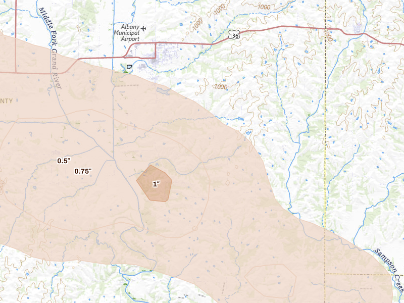 Radar-estimated hail-size map of the storm over Albany, MO on Aug 8, 2026