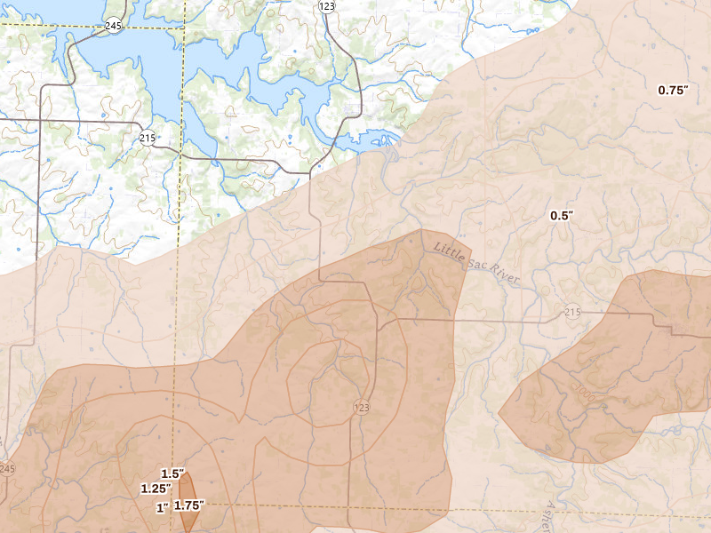 Radar-estimated hail-size map of the storm over Aldrich, MO on Apr 26, 2026