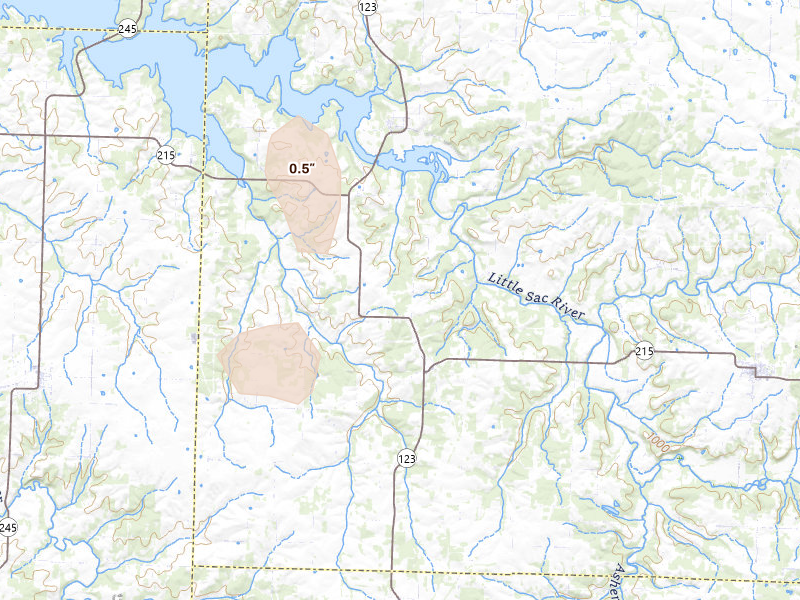 Radar-estimated hail-size map of the storm over Aldrich, MO on Jul 5, 2026