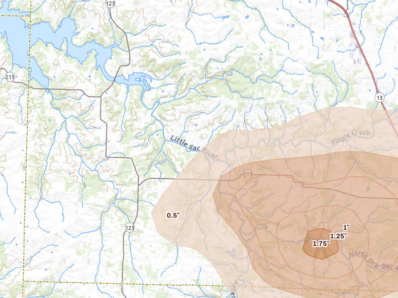 Radar-estimated hail-size map of the storm over Aldrich, MO on Aug 6, 2026