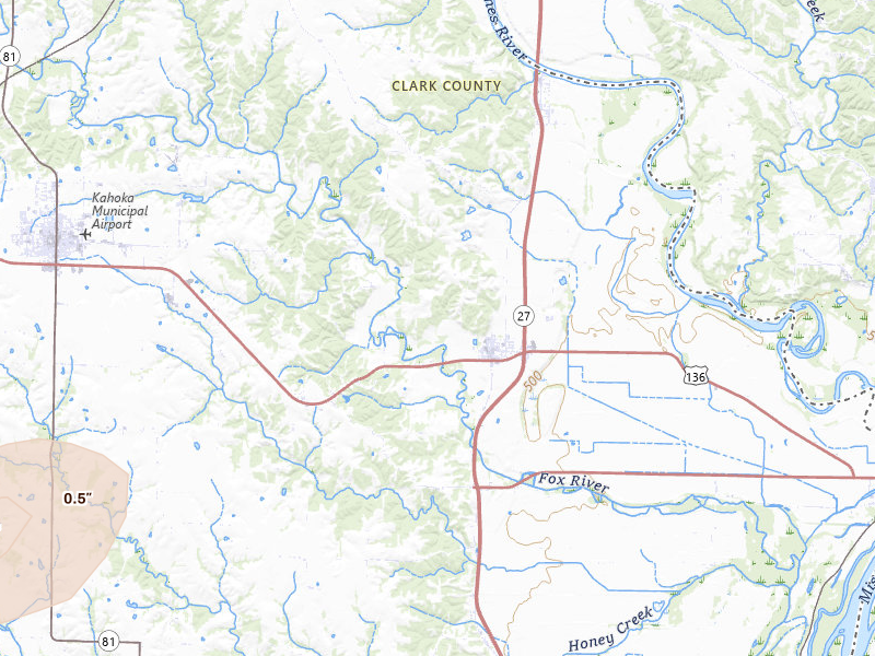 Radar-estimated hail-size map of the storm over Alexandria, MO on Apr 13, 2026