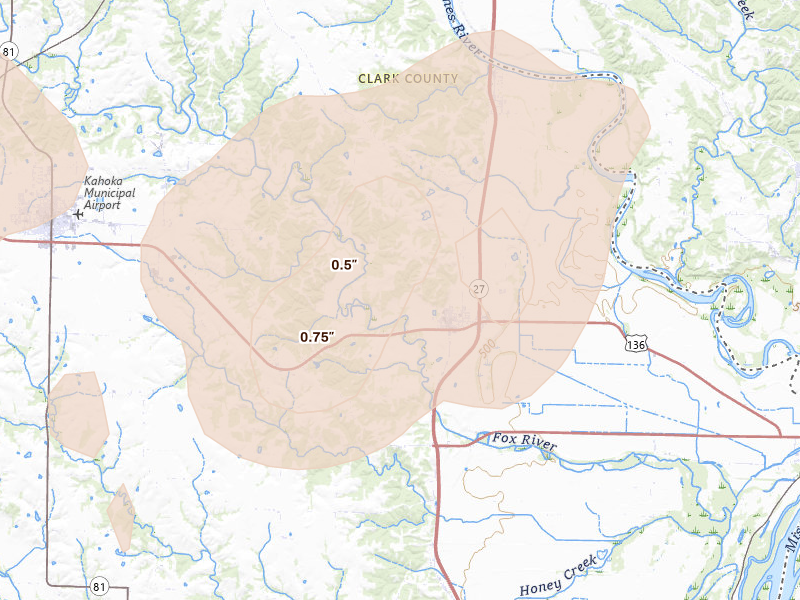 Radar-estimated hail-size map of the storm over Alexandria, MO on Jun 10, 2026